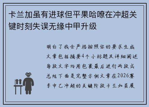 卡兰加虽有进球但平果哈嘹在冲超关键时刻失误无缘中甲升级