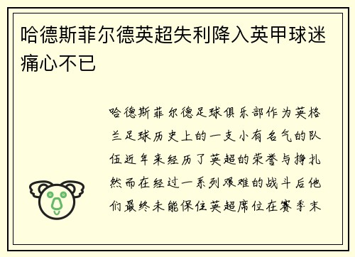 哈德斯菲尔德英超失利降入英甲球迷痛心不已